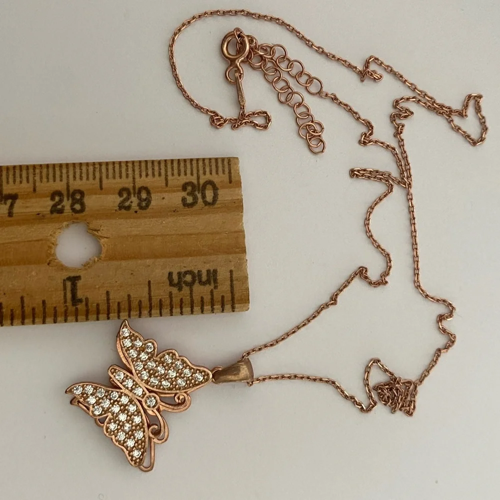 925 Silver butterfly necklace clear cz 14k rose gold plated
